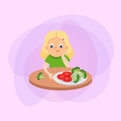 Picky girl refusing healthy food. Cartoon vector illustration. Child sitting at table and rejecting eating vegetables. Food, health, diet, caprice concept for banner and web design