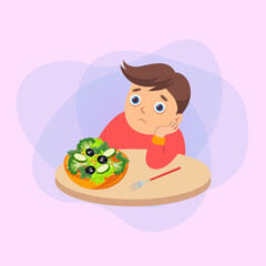 Sad boy refusing healthy food. Cartoon vector illustration. Child sitting at table and rejecting eating vegetables. Food, health, diet, caprice concept for banner and web design