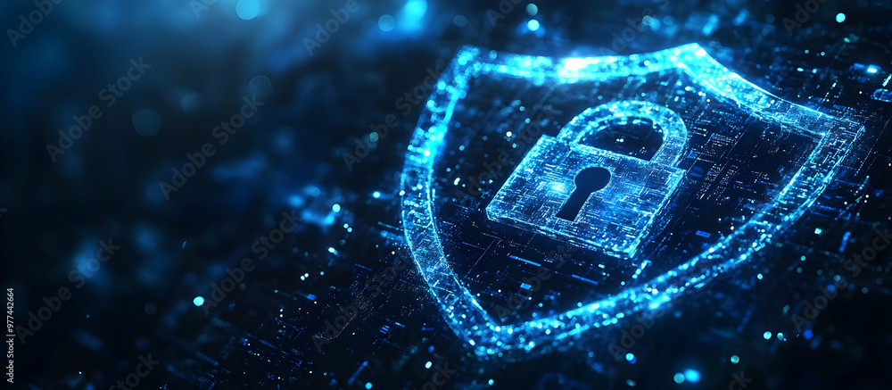 Aufkleber digital illustration of a secure lock symbol on a glowing shield, representing cybersecurity and dat