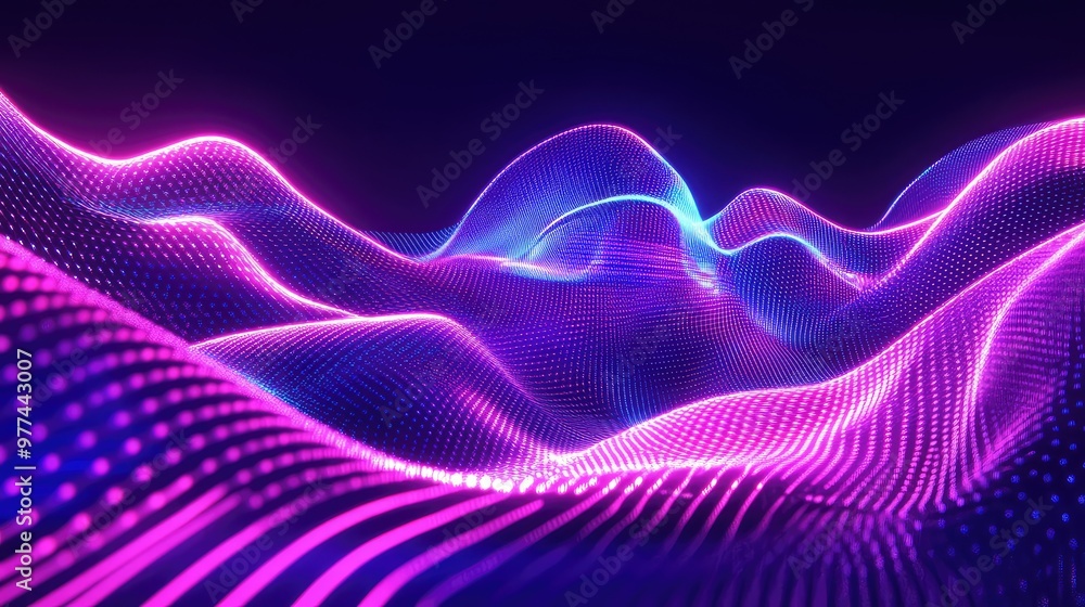 Poster pulsing neon lines stretching and bending, creating an abstract digital wave.