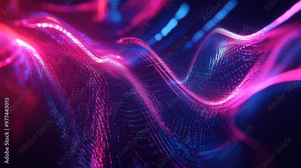 Poster pulsing neon lines stretching and bending, creating an abstract digital wave.