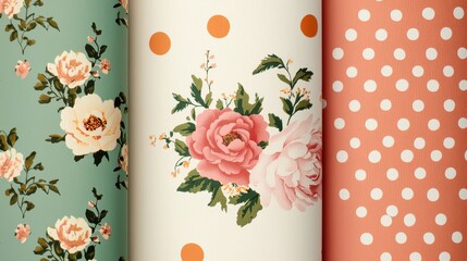 A collection of 1950s-inspired retro wallpaper patterns featuring pastel colors, floral motifs, and polka dots, all layered with cracks and tears