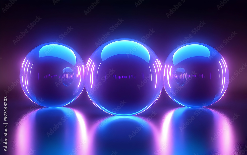Poster three glowing spheres with neon lights reflecting on a smooth surface, creating a mesmerizing and fu