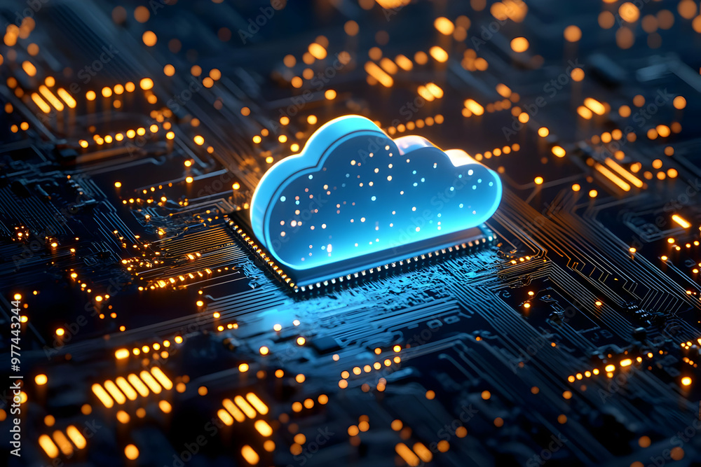 Poster futuristic cloud icon glowing on digital circuit board. represents technology, data storage, and adv