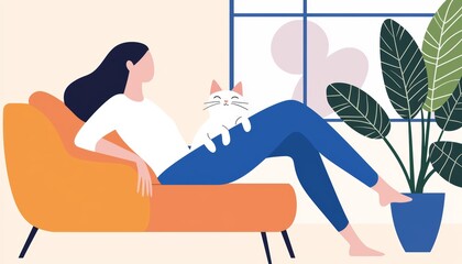 Obraz premium A content woman lounging on the sofa with her pet, stroking her cat while gazing out of the window, enjoying a peaceful, relaxing afternoon