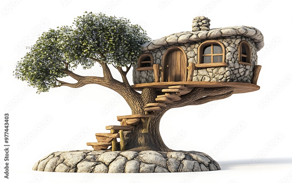Aufkleber whimsical stone treehouse in cartoon style - 3d rendering with imaginative features and textured sur