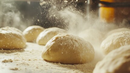 A dynamic shot of bread dough being kneaded on a floured countertop, with a focus on the texture and process of making fresh bread loaves from scratch