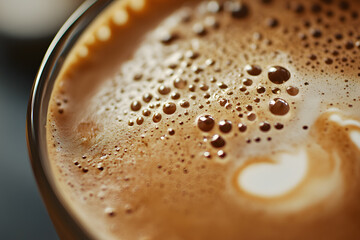 A close-up of coffee foam in cup, swirling patterns. The surface is creamy, speckled with tiny, golden bubbles