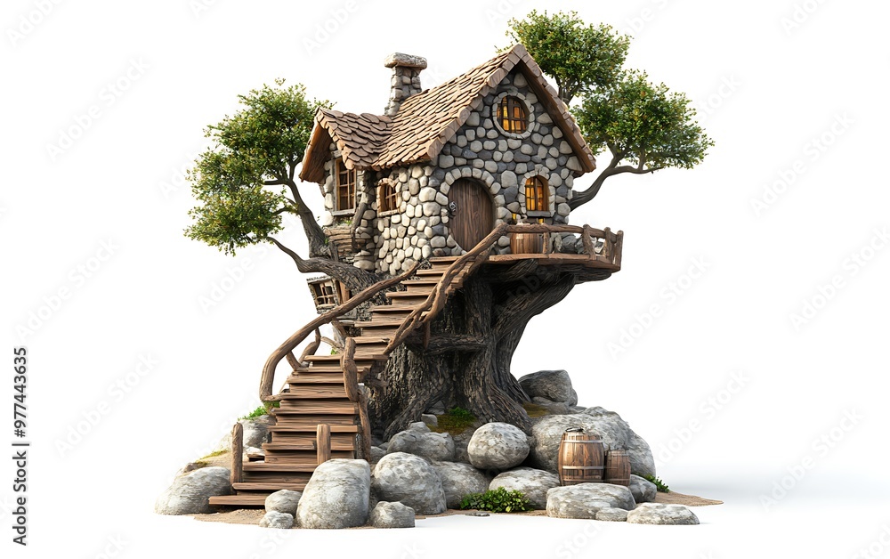 Aufkleber whimsical stone treehouse - cartoon style 3d rendering with imaginative features on white background