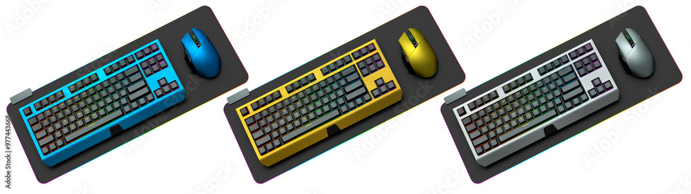 Poster collection of mechanical keyboards and mouse isolated on white background with clipping path. 3d ren