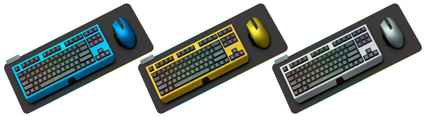 Collection of mechanical keyboards and mouse isolated on white background with clipping path. 3D rendering of streaming gear and gamer workspace concept
