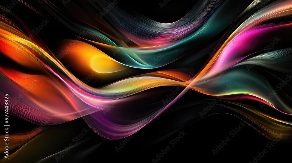 Poster smooth, flowing ribbons of color twisting through a dark, empty space.
