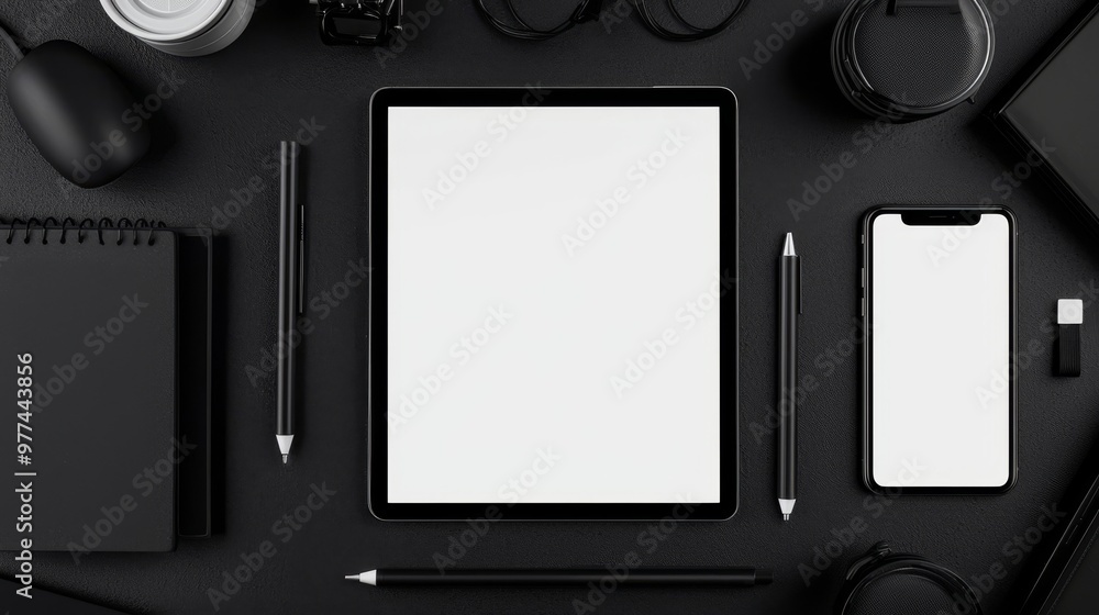 Poster mockup of a tablet touchscreen and smartphone with a white display on a black table