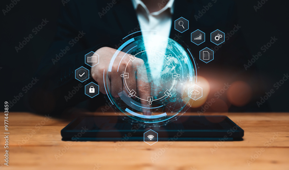 Aufkleber businessman online internet sharing data transferring information with other people, sharing files a