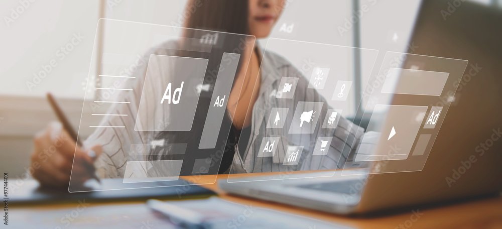 Poster digital marketing concept with businesswoman using computer laptop creating online adverts to increa