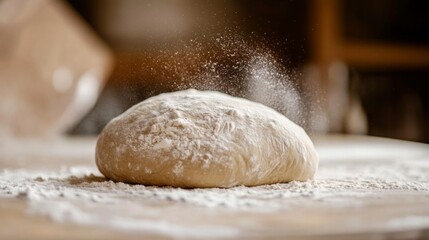 Obraz premium A dynamic shot of bread dough being kneaded on a floured countertop, with a focus on the texture and process of making fresh bread loaves from scratch