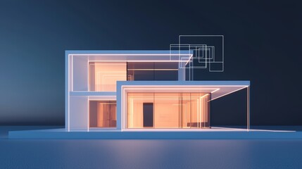 A cutting-edge architectural concept showing a house with illuminated outlines and floating blueprint diagrams, blending virtual and physical spaces