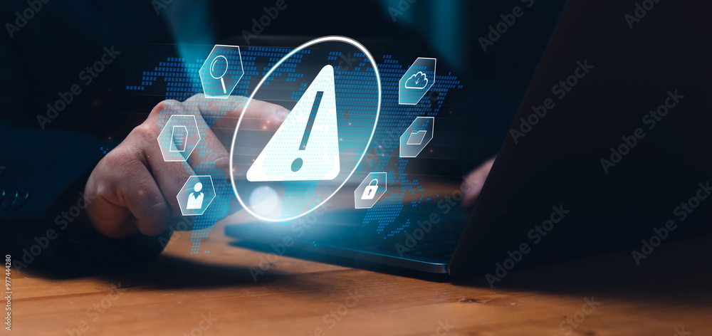 Poster securing the online data and information with business online global internet caution with holograph