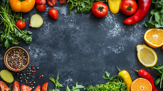 A background graphic with frame of healthy fruits and vegetables on slate table with room for copy text