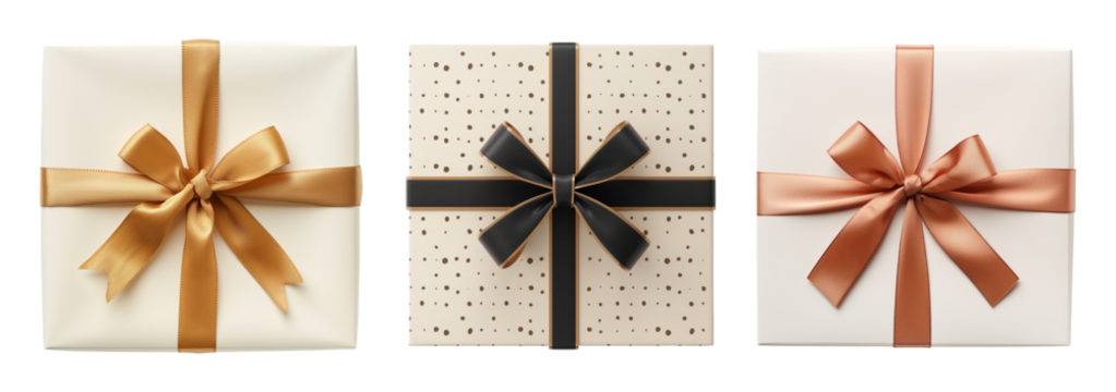 Set of gift boxes with ribbons, flat lay top view, isolated against a transparent background
