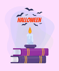 Obraz premium Wax candle on stack of magic books. Halloween lettering with flying bats on abstract background. Celebration, party concept. Vector illustration for invitation, banner or poster