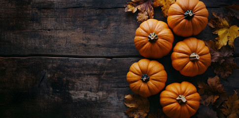 A top-down view of rustic autumn pumpkins arranged on a wooden surface. The pumpkins are various sizes and colors, surrounded by fallen leaves, creating a warm, seasonal atmosphere with ample space fo