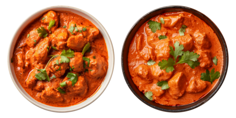 Set of spicy chicken tikka masala bowls, flat lay top down view, isolated on a transparent background