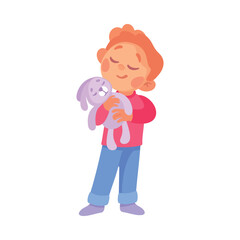 Cute Little Boy Character Playing Toy Bunny Vector Illustration