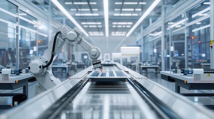 Obraz premium Advanced electric vehicle battery production line with robotic arms assembling lithium-ion cells. Futuristic factory interior featuring conveyor belts, technicians in clean room suits, high-tech machi