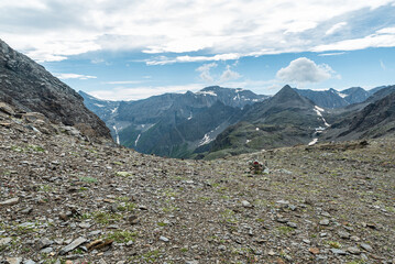 View from Colle Sule mountain pass in Alpi Graie mountains in Italy