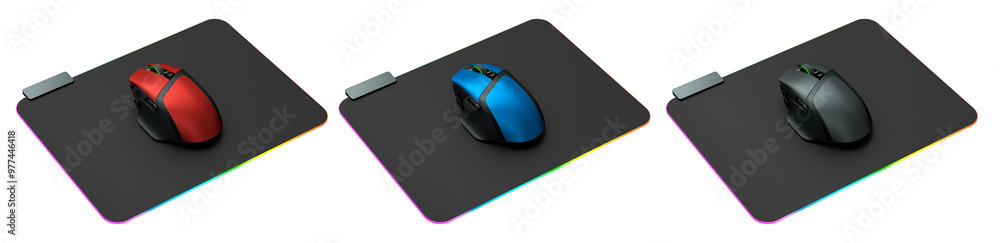 Poster set of wireless gaming computer mouse on pad isolated on white background with clipping path. 3d ren