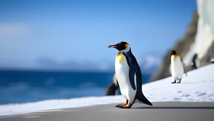 Obraz premium A flock of penguins swims along the shore. High quality photo