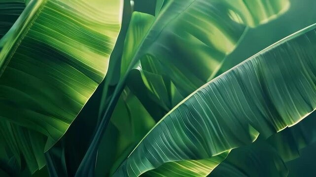 Close-up of large tropical green banana leaves overlapping in sunlight, natural plant texture for design or nature backgrounds