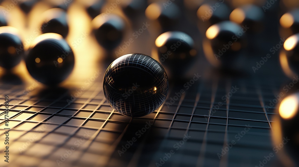 Aufkleber smooth metallic spheres floating in a grid, casting subtle shadows on a dark background.
