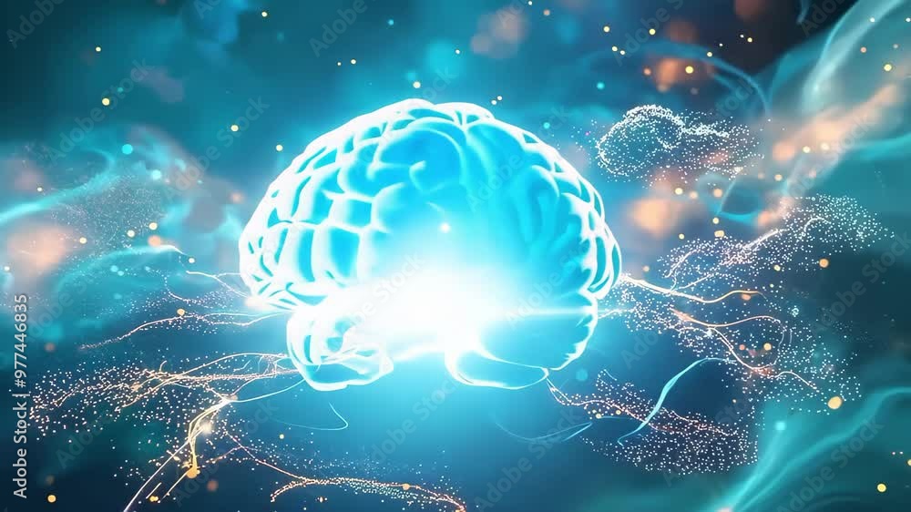 Poster a glowing, abstract representation of a brain surrounded by colorful particles and light trails agai