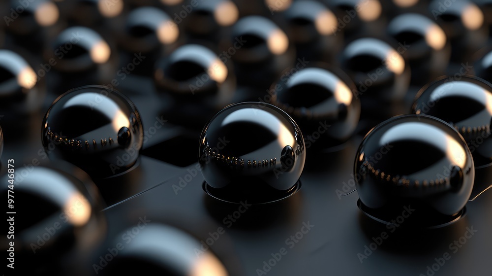 Aufkleber smooth metallic spheres floating in a grid, casting subtle shadows on a dark background.