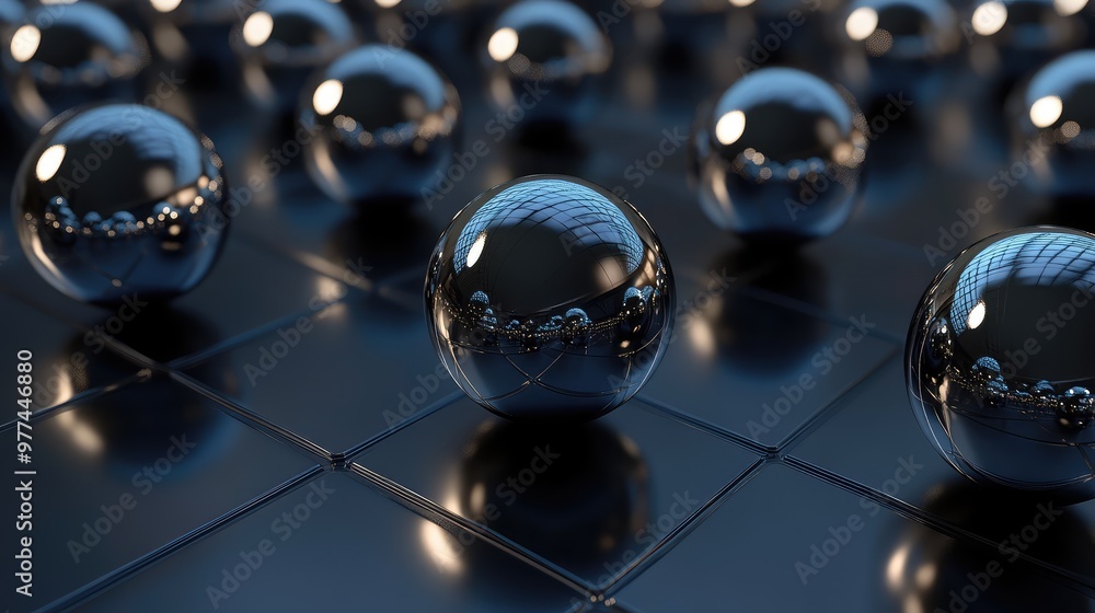 Aufkleber smooth metallic spheres floating in a grid, casting subtle shadows on a dark background.