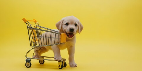 Cheerful Puppy Shopping Adventure on Yellow Background
