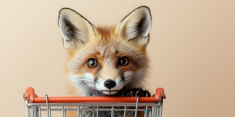 Obraz premium Curious Fox Peeking Over Shopping Cart Handle on Brown Background