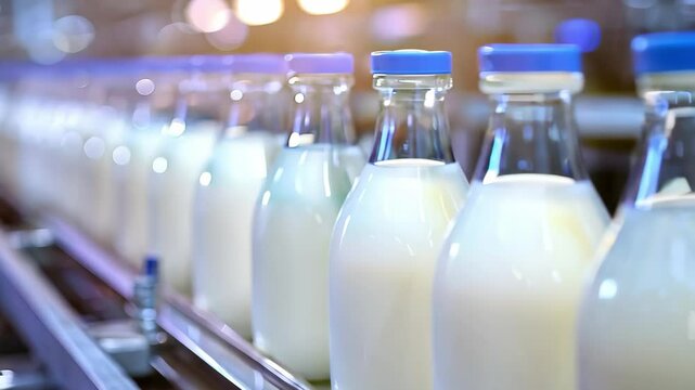 Bottles of milk lined up on a production line, likely in a dairy processing facility.
