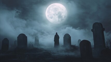A mysterious graveyard scene under a full moon, shrouded in fog, evoking a haunting atmosphere.