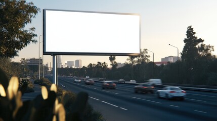 Blank Billboard Overlooking Busy Highway on Sunny Day