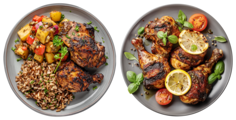 Set of jerk chicken, side of roasted vegetables and rice, flat lay, isolated against a transparent background