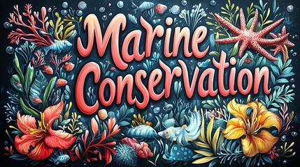 The phrase 'Marine Conservation' decorated with oceanic flora and fauna, including corals, fish, and seashells, emphasizing the importance of preserving marine life.
