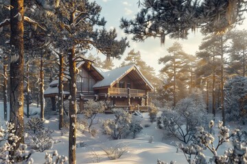 Cozy snow-covered cabin nestled in a serene winter forest landscape with sunlight filtering through trees, Ai Generation