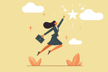 Illustration of a career woman jumping in the air reaching for the stars, as a symbol of effort and achieving success