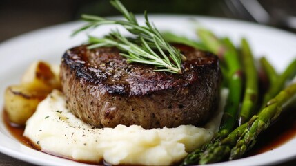 A gourmet steak dinner featuring a beautifully seared filet mignon, garnished with rosemary and served with mashed potatoes and steamed asparagus.