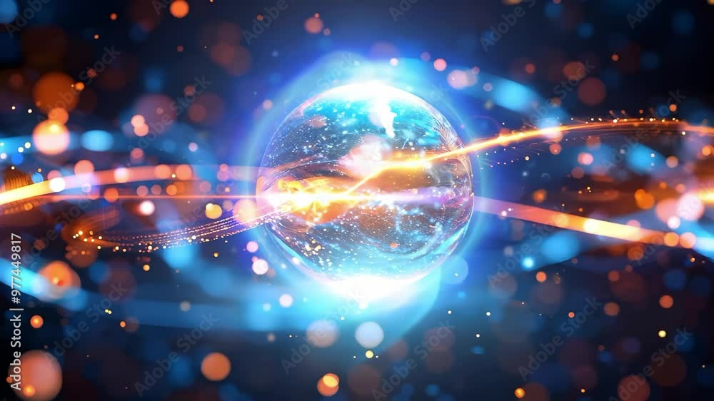 Poster a glowing sphere surrounded by dynamic trails of light and colorful particles, suggesting a cosmic o