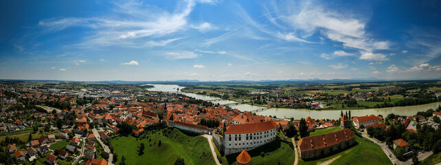 Obraz premium Aerial drone view of Ptuj townscape in Slovenia by river Drava