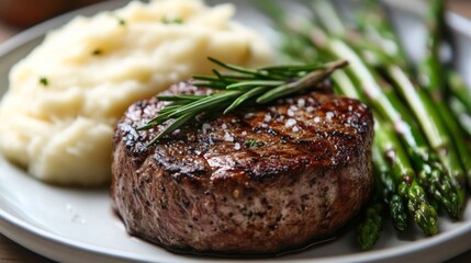 A gourmet steak dinner featuring a beautifully seared filet mignon, garnished with rosemary and served with mashed potatoes and steamed asparagus.